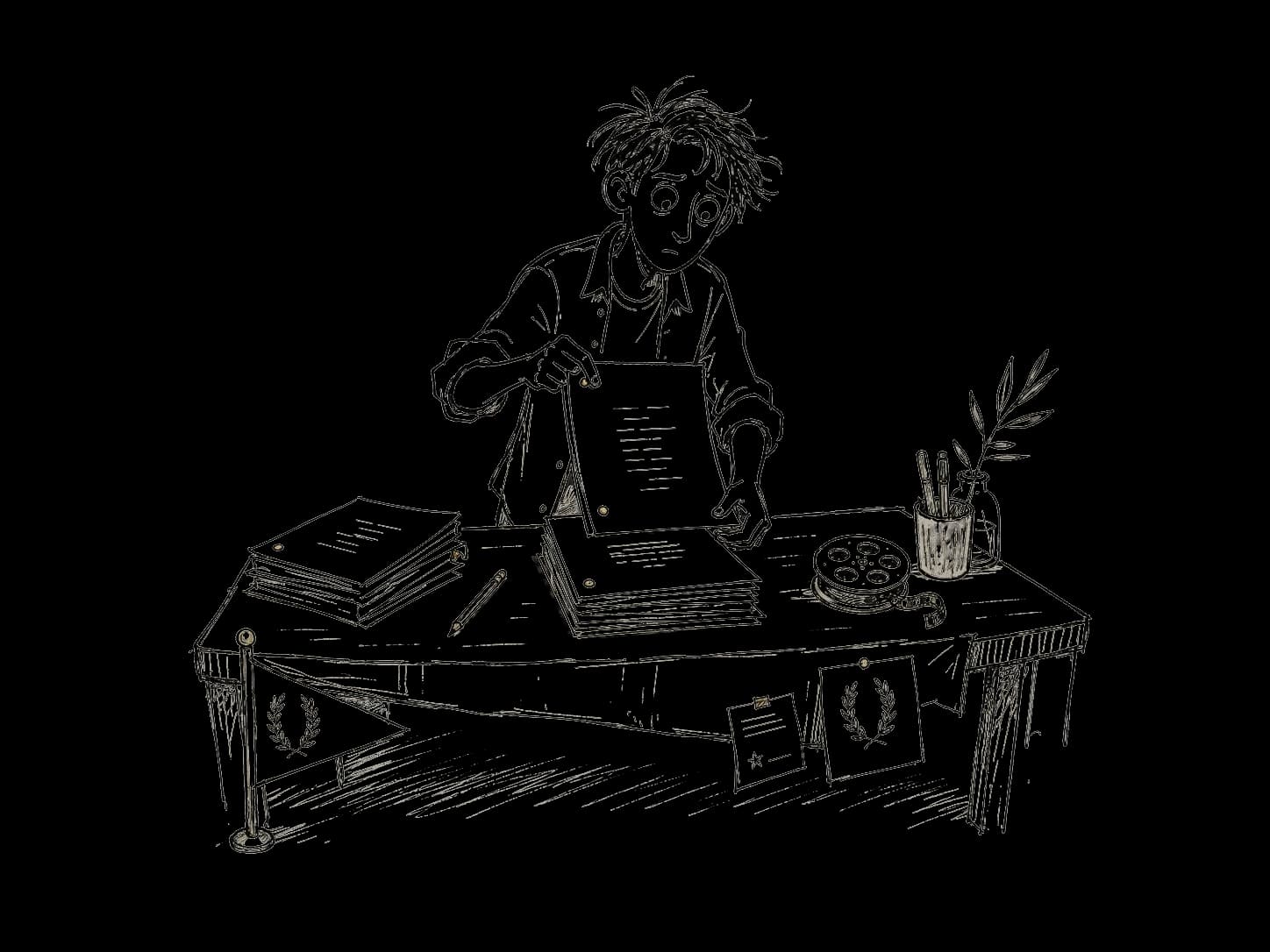 Hand-drawn filmmaker arranging a film strategy desk