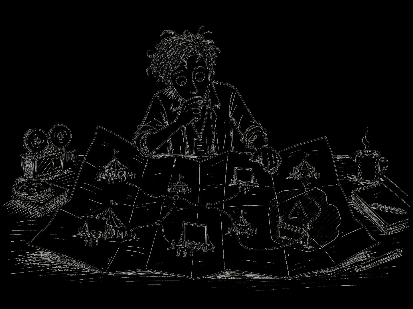 Hand-drawn filmmaker studying a festival route map