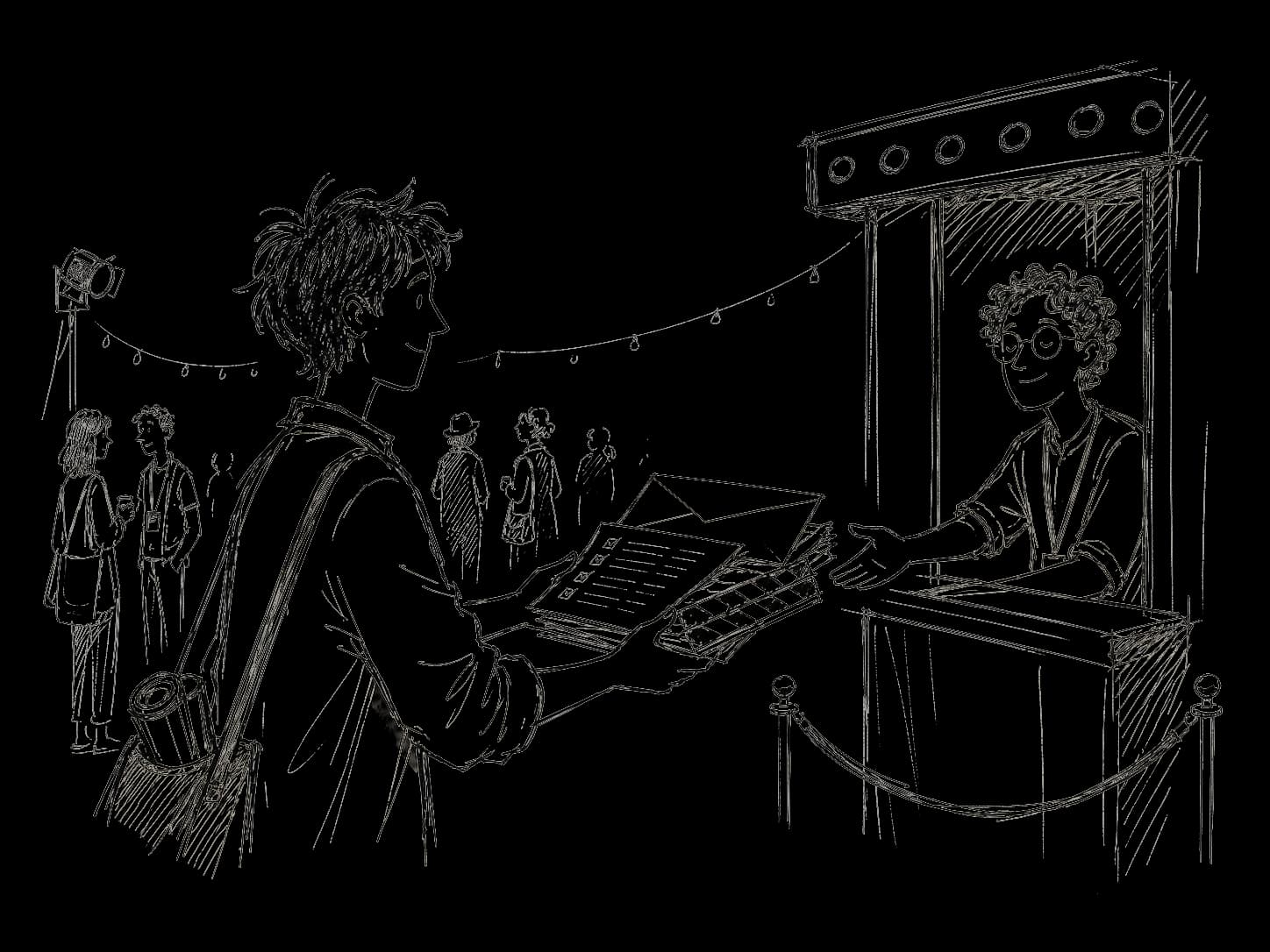 Hand-drawn filmmaker submitting materials to a festival booth